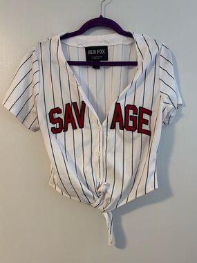 Savage Red White Black Stripe Short Sleeve Baseball Tee Tye Front Crop T-shirt L